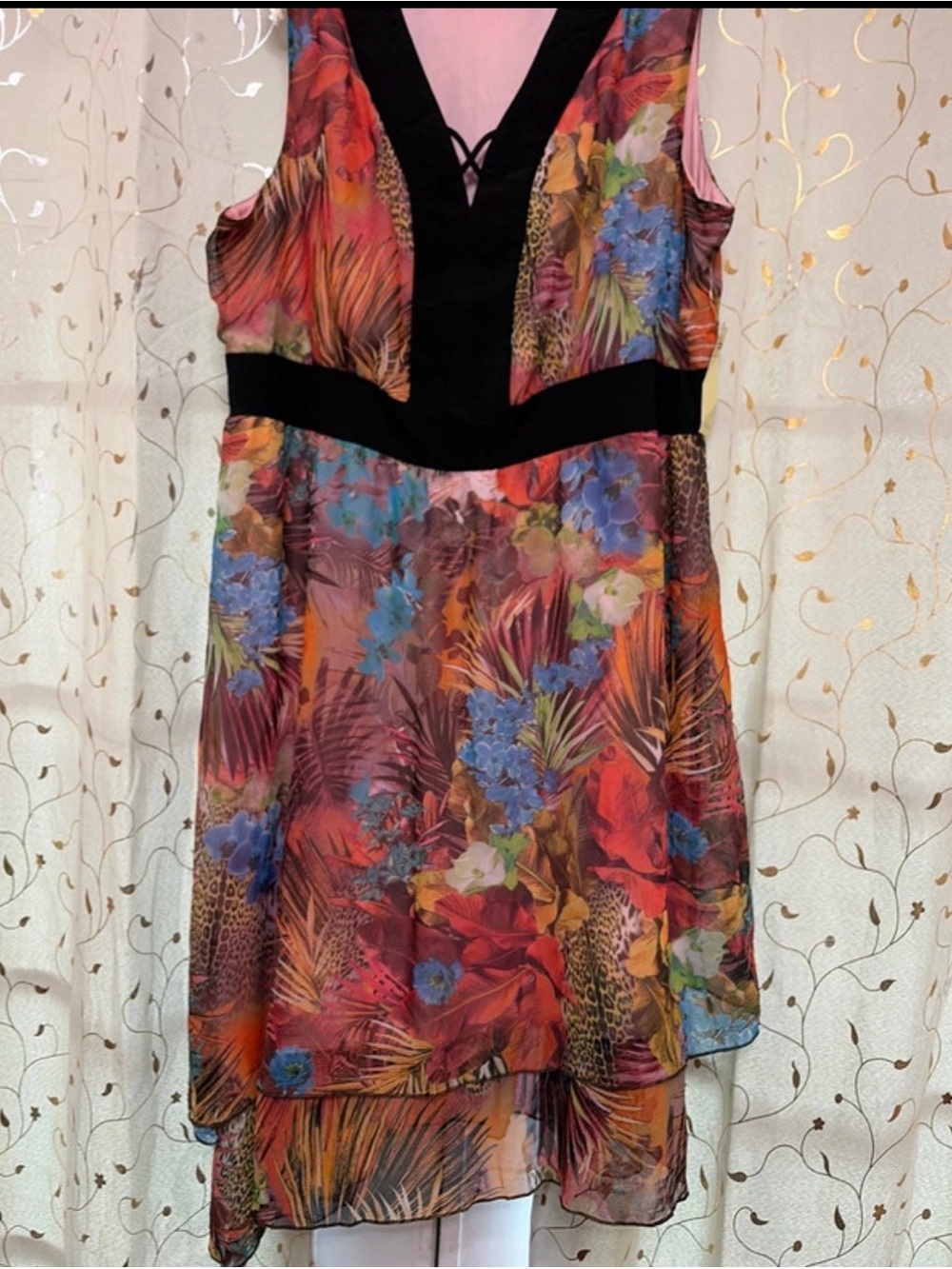 Perseption Multicolor Floral High-Low Dress with Black Waist